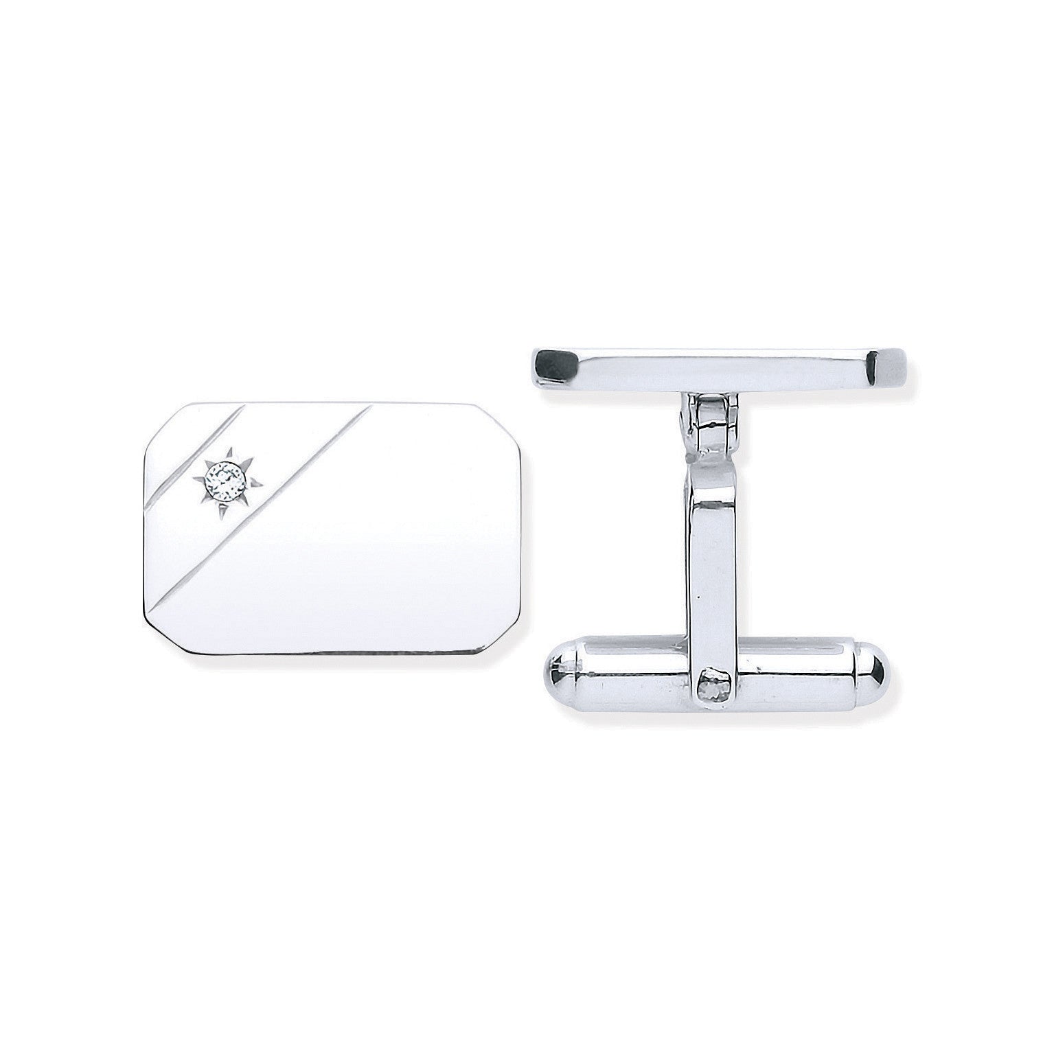 Silver Cubic Zirconia, Rectangle, Soft Edge Cufflinks - Silver