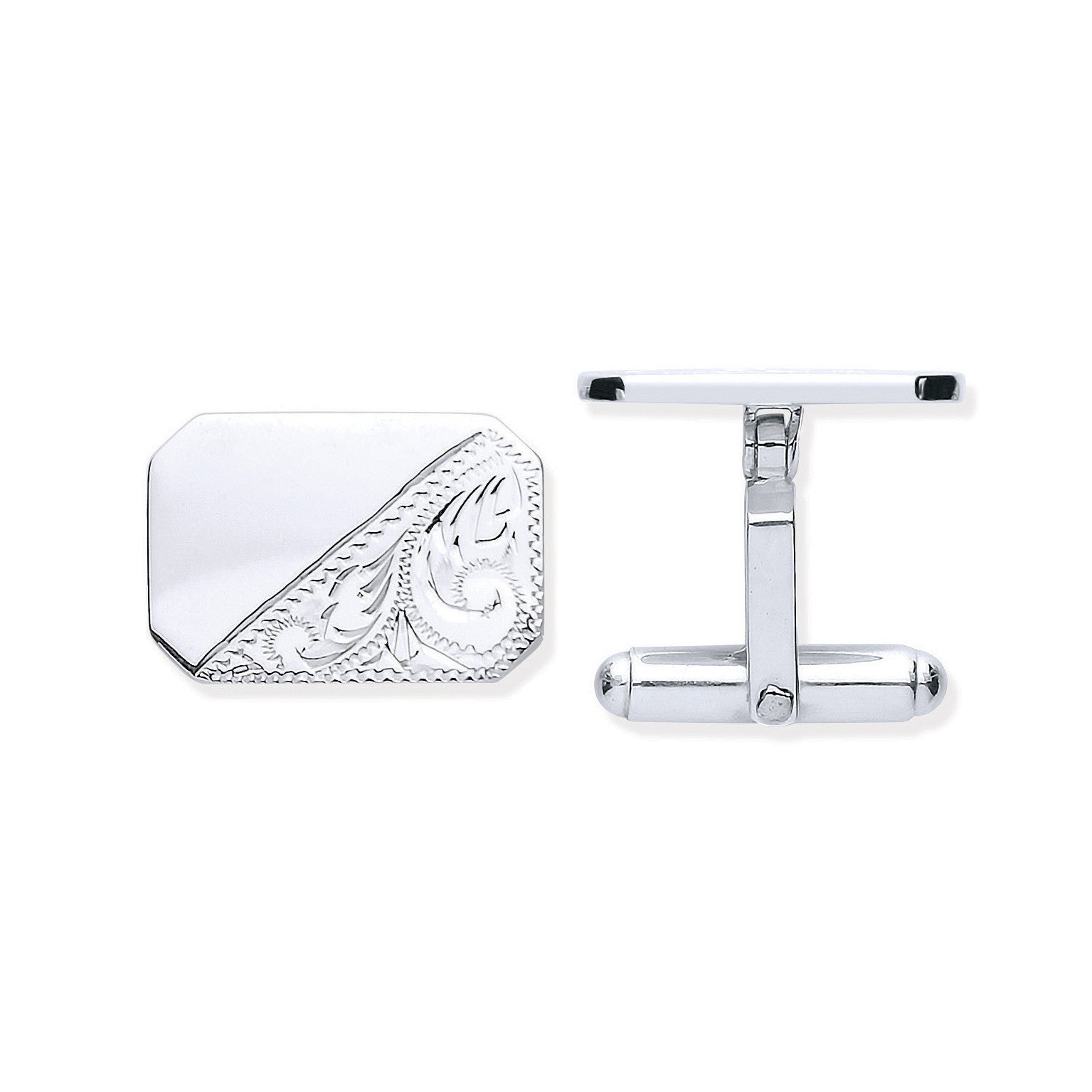 Silver Plain & Engraved Rectangle Cufflinks - Silver