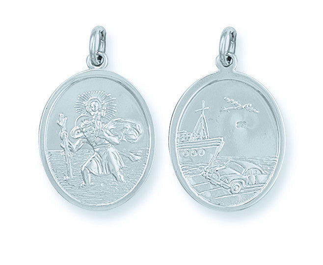 Silver Double Sided Oval St Christopher Pendant - Silver