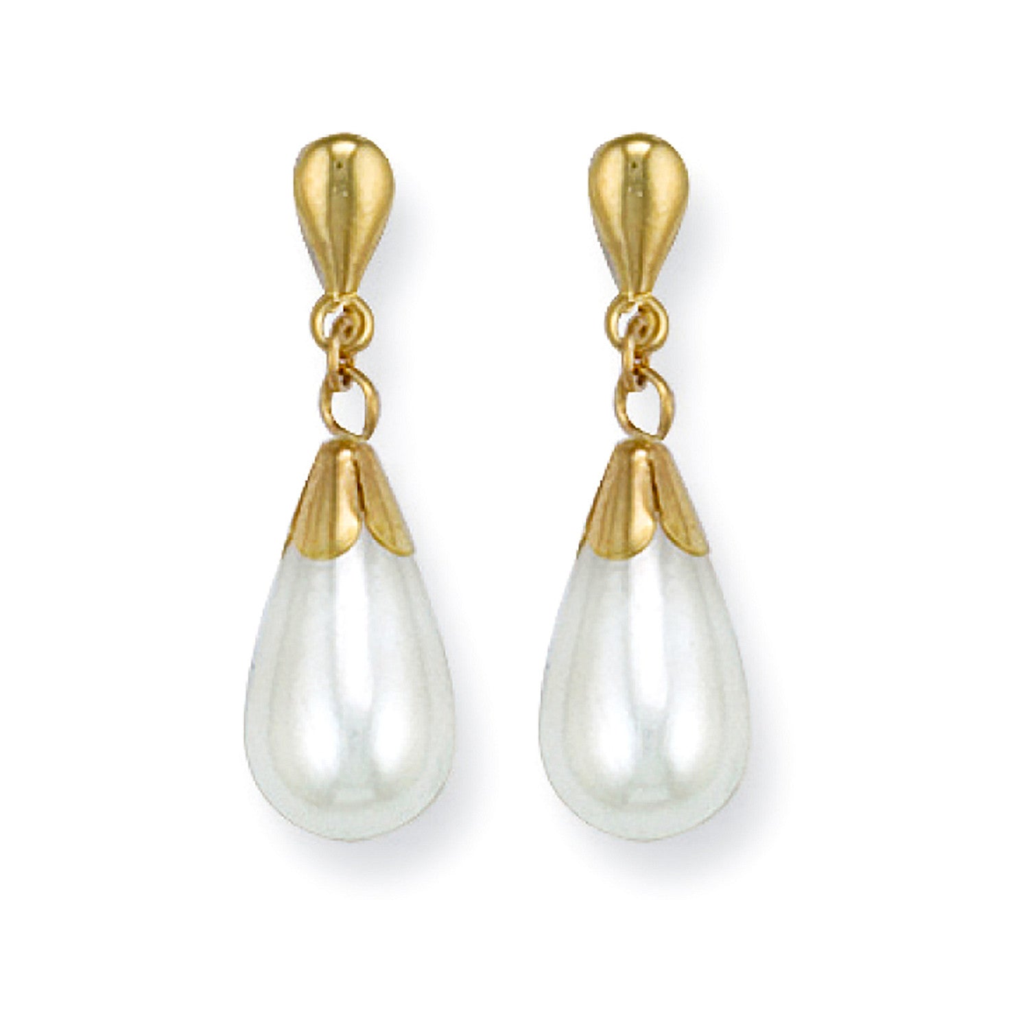 Yellow Gold Simulated Pearl Drop Studs - 9ct Gold