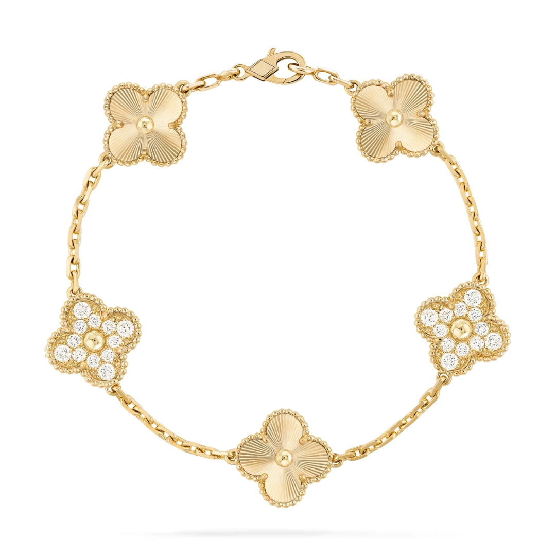 Vintage Alhambra Half Diamonds Bracelet 5 Motifs 18ct Yellow Gold