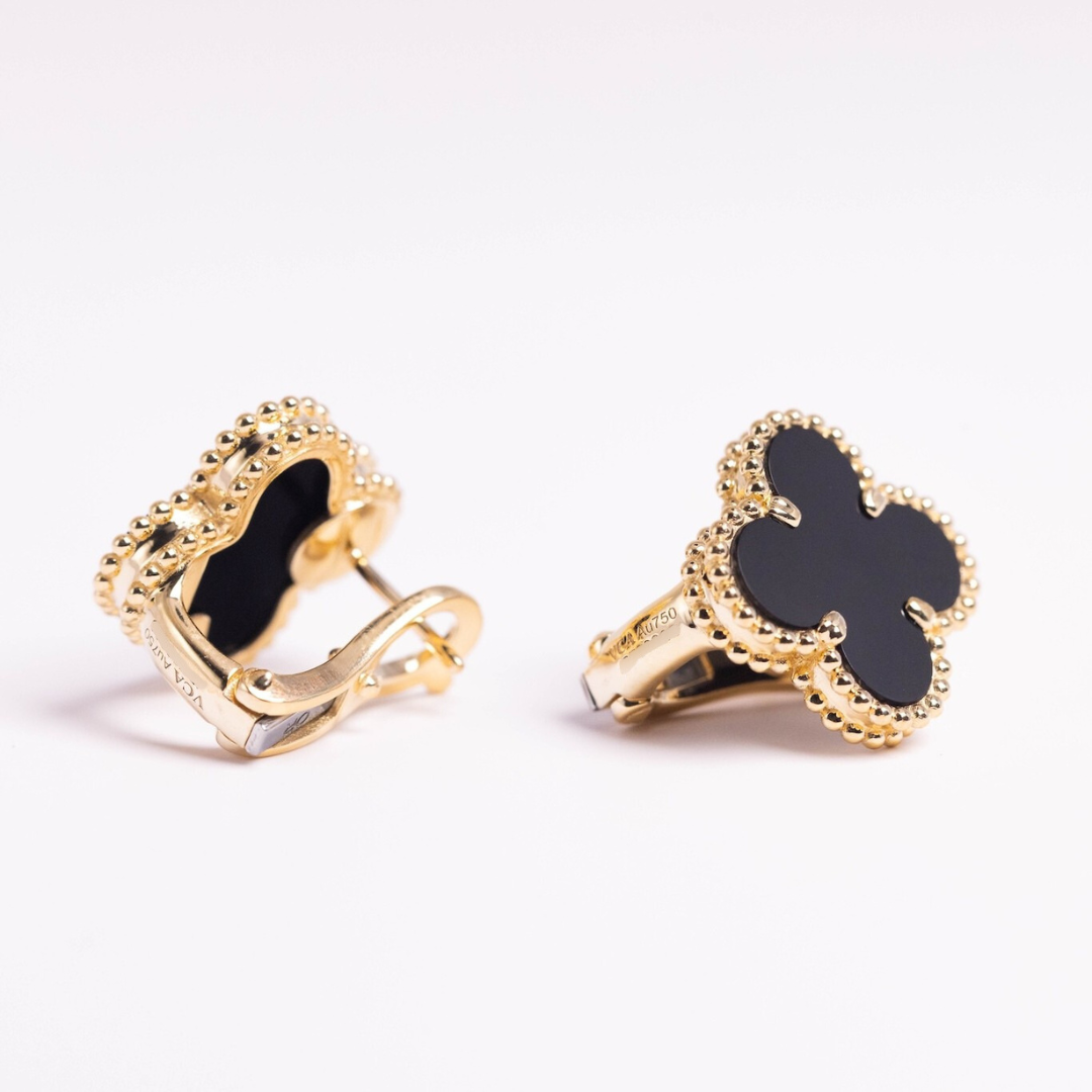 Van Cleef & Arpels Vintage Alhambra Earrings Onyx 18K Yellow Gold