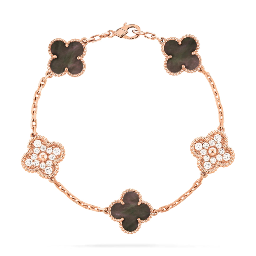 Van Cleef & Arpels Vintage Alhambra Bracelet 5 Motifs Diamond Mother-Of-Pearl 18K Rose Gold