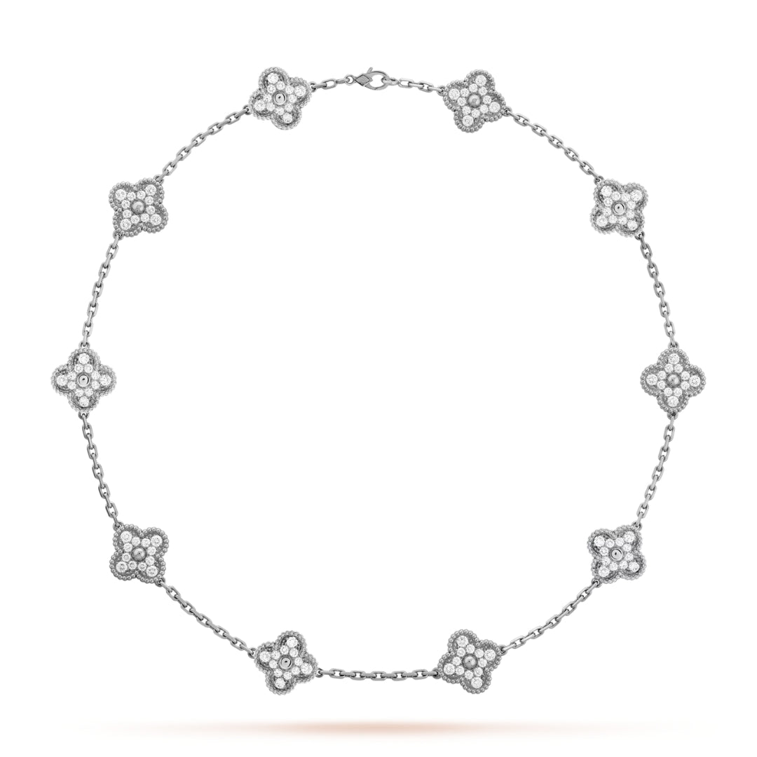 Van Cleef & Arpels Vintage Alhambra Necklace 10 Motifs Full Diamonds 18K White Gold