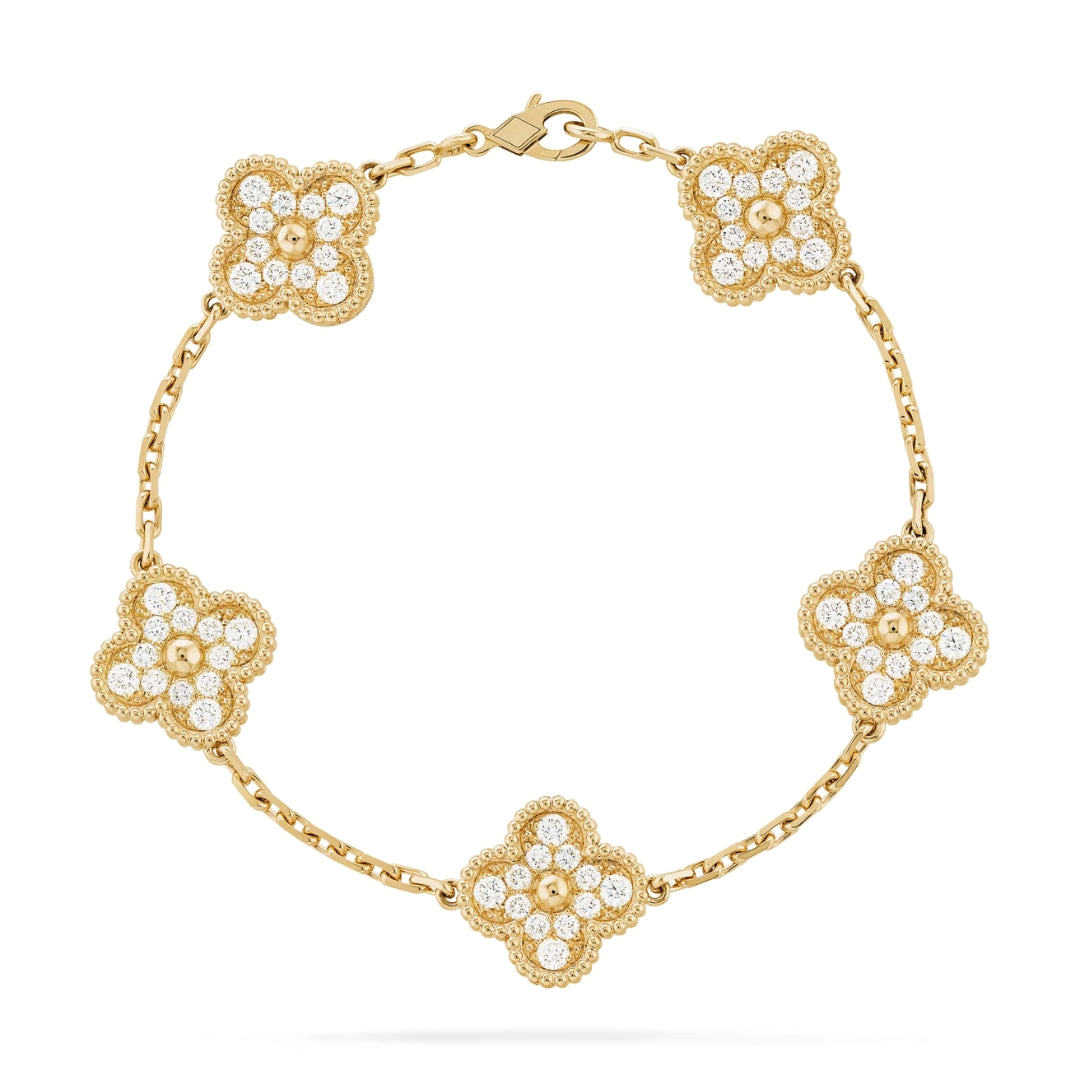 Van Cleef & Arpels Vintage Alhambra Bracelet 5 Motifs Full Diamonds 18K Yellow Gold