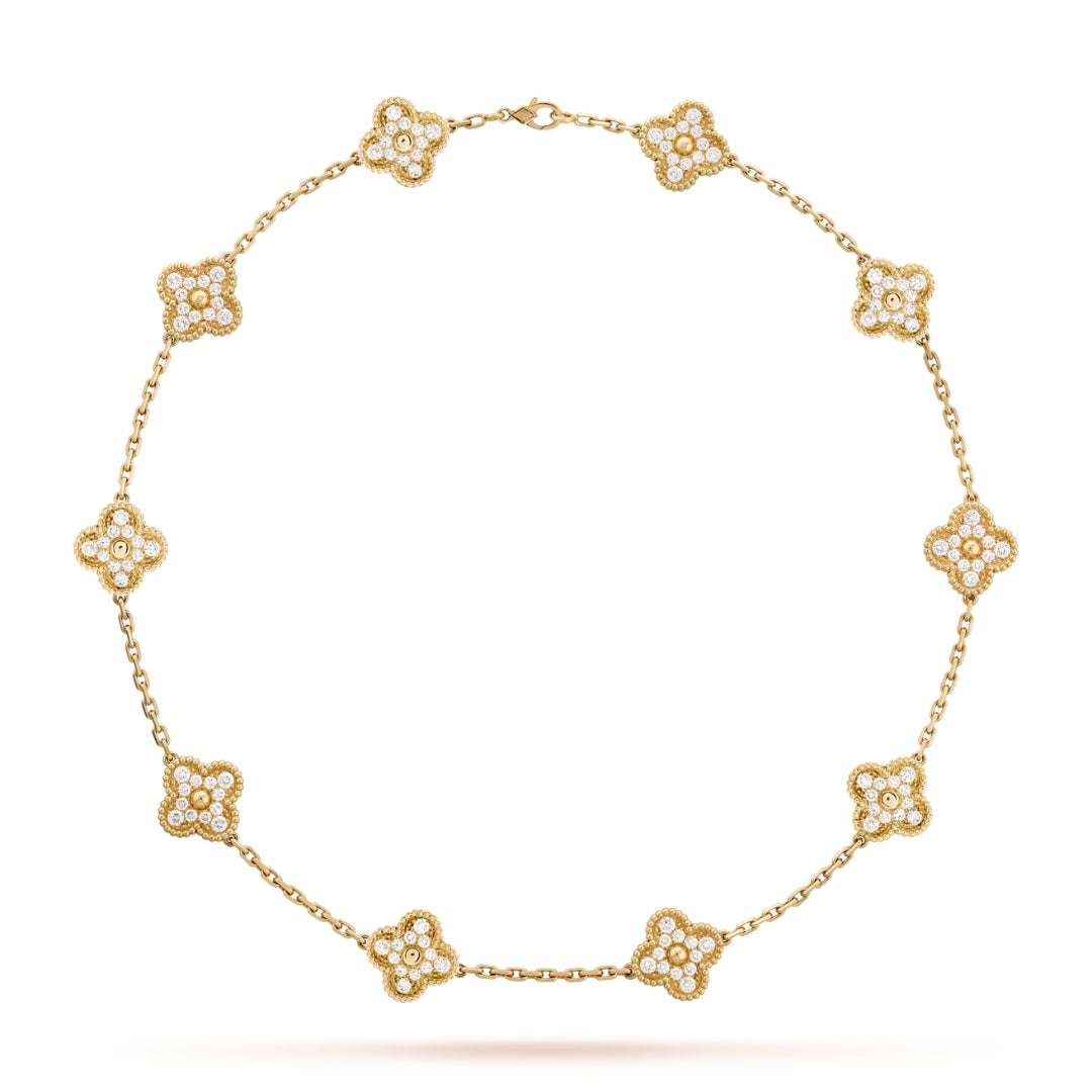 Van Cleef & Arpels Vintage Alhambra Necklace 10 Motifs Full Diamonds 18K Yellow Gold