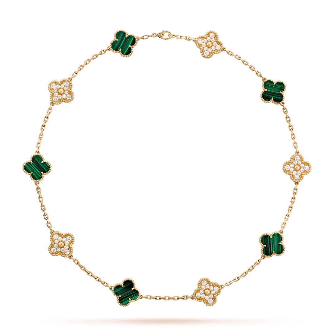Van Cleef & Arpels Vintage Alhambra Necklace 10 Motifs Diamonds Malachite 18K Yellow Gold