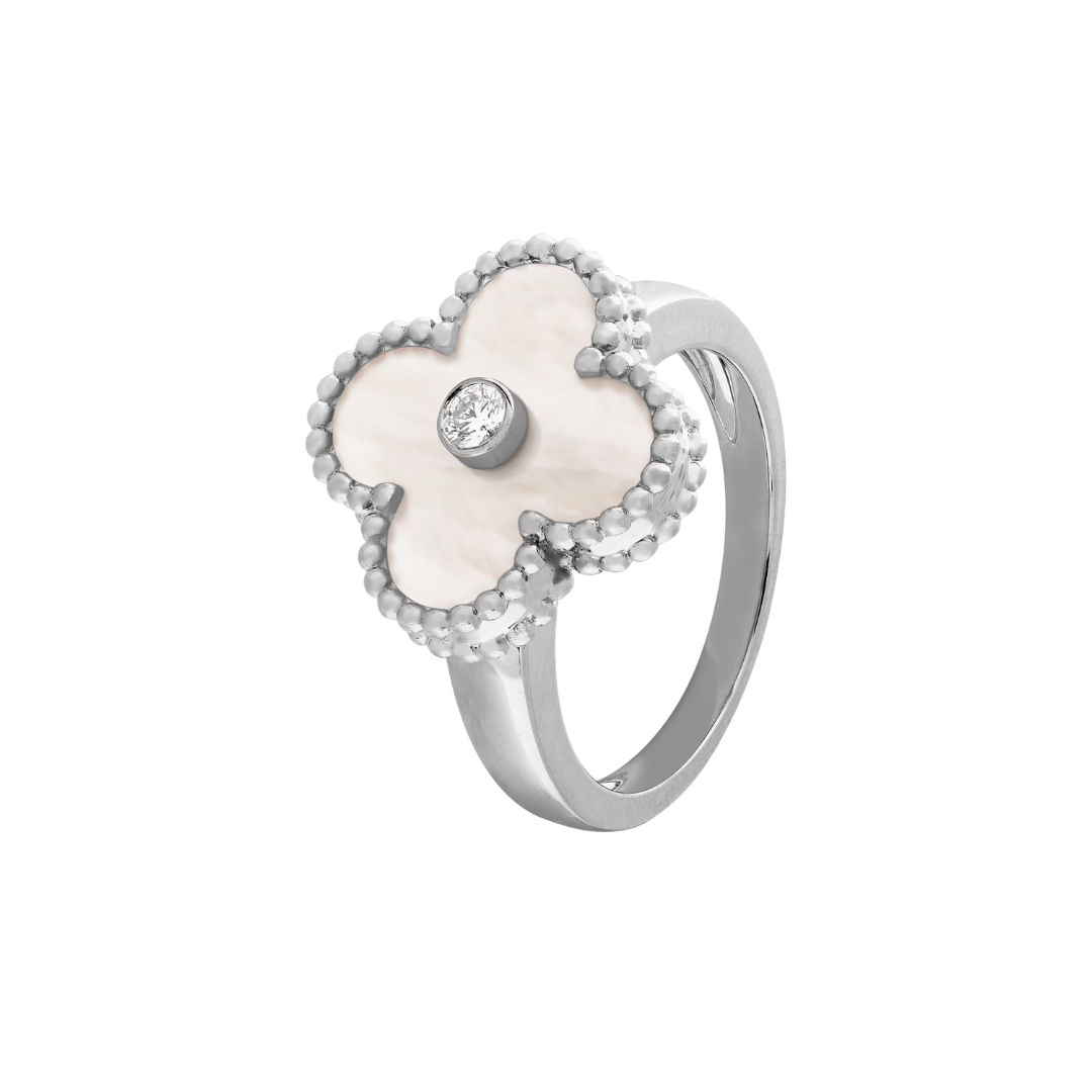 Van Cleef & Arpels Vintage Alhambra Ring 1 Diamond and White Mother-Of-Pearl 18K White Gold