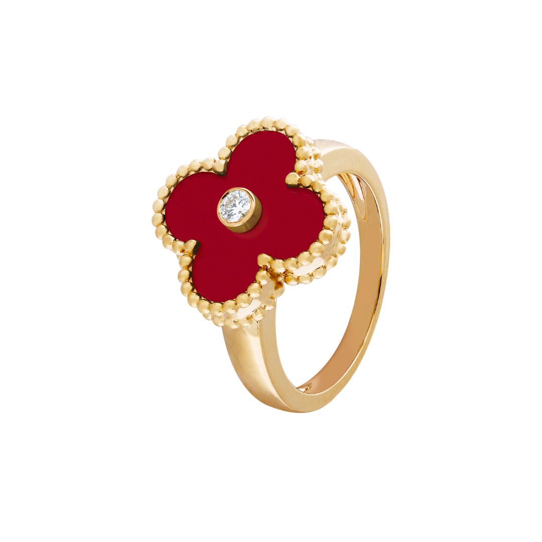 Van Cleef & Arpels Vintage Alhambra Ring 1 Diamond and Carnelian 18K Yellow Gold