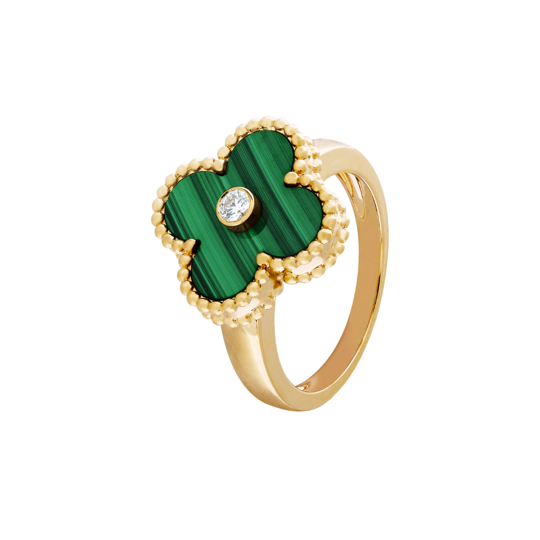 Van Cleef & Arpels Vintage Alhambra Ring 1 Diamond and Malachite 18K Yellow Gold