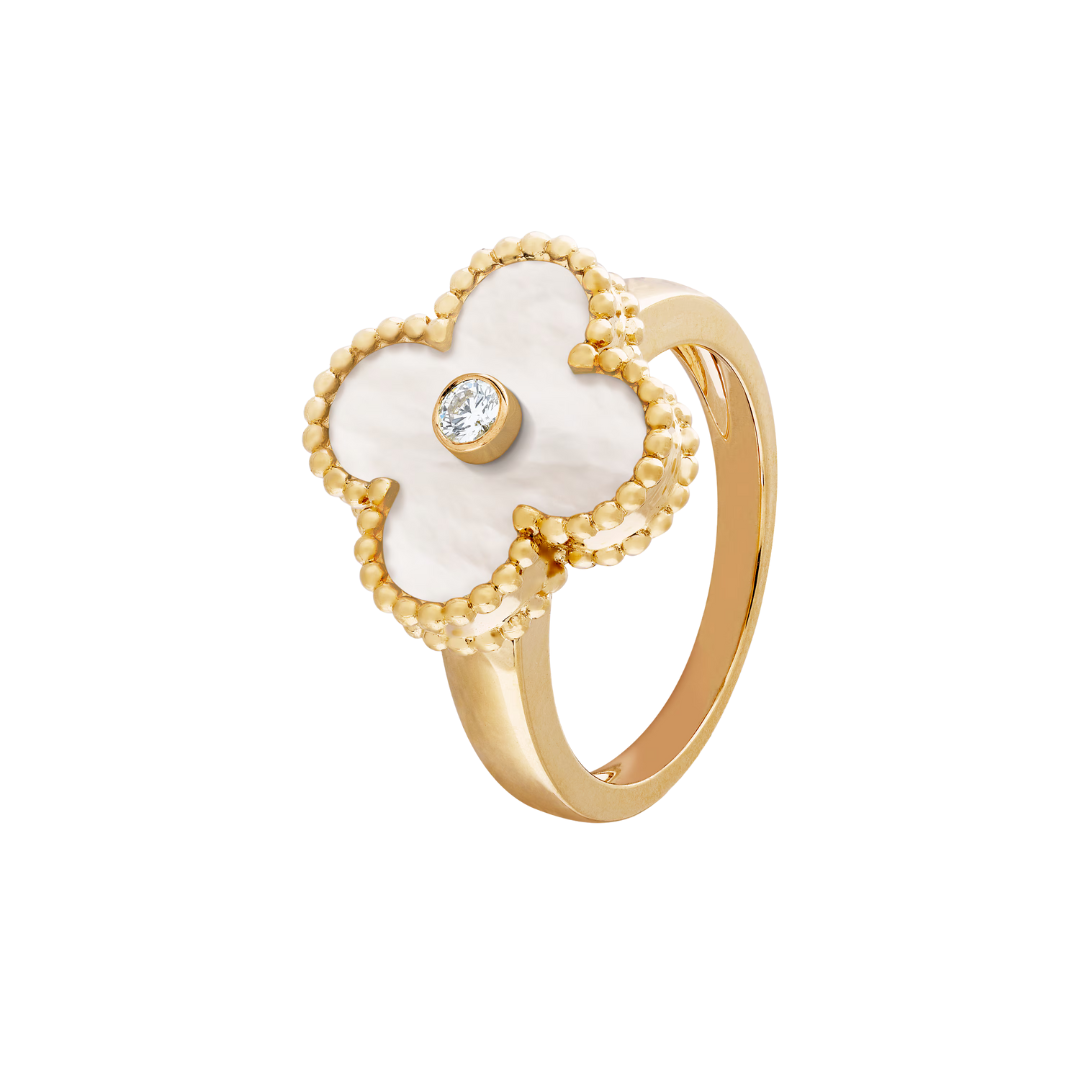 Van Cleef & Arpels Vintage Alhambra Ring 1 Diamond and Mother-Of-Pearl 18K Yellow Gold