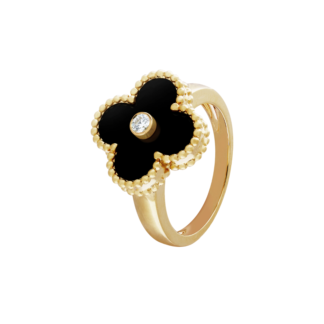 Van Cleef & Arpels Vintage Alhambra Ring 1 Diamond and Onyx 18K Yellow Gold