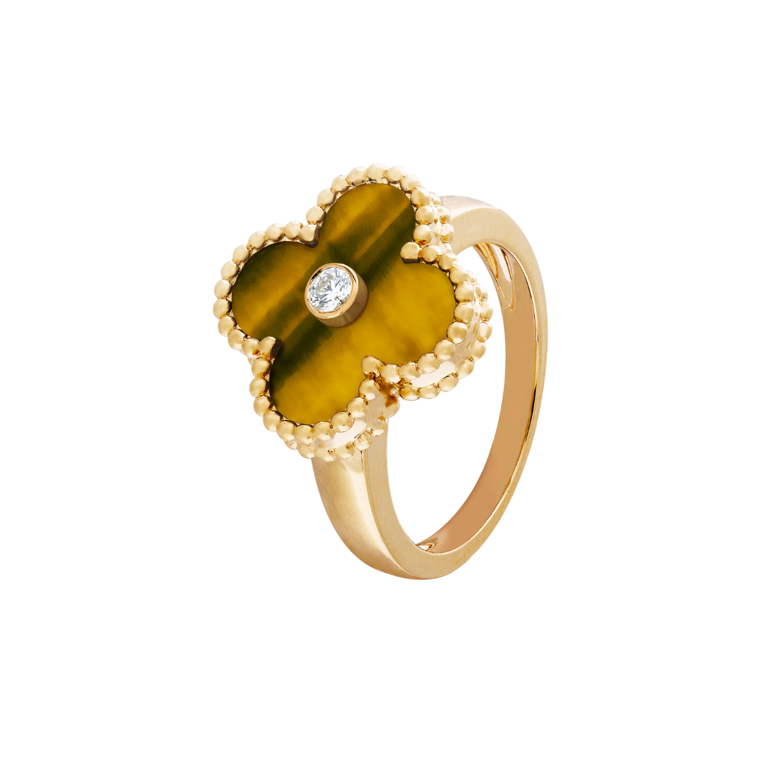 Van Cleef & Arpels Vintage Alhambra Ring 1 Diamond and Tiger Eye 18K Yellow Gold