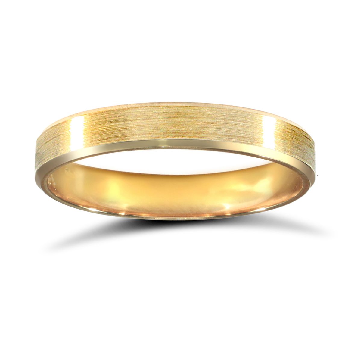 WPFC9Y3-04(R+) | 9ct Yellow Gold Premium Weight Flat Court Profile Satin and Bevelled Edge Wedding Ring