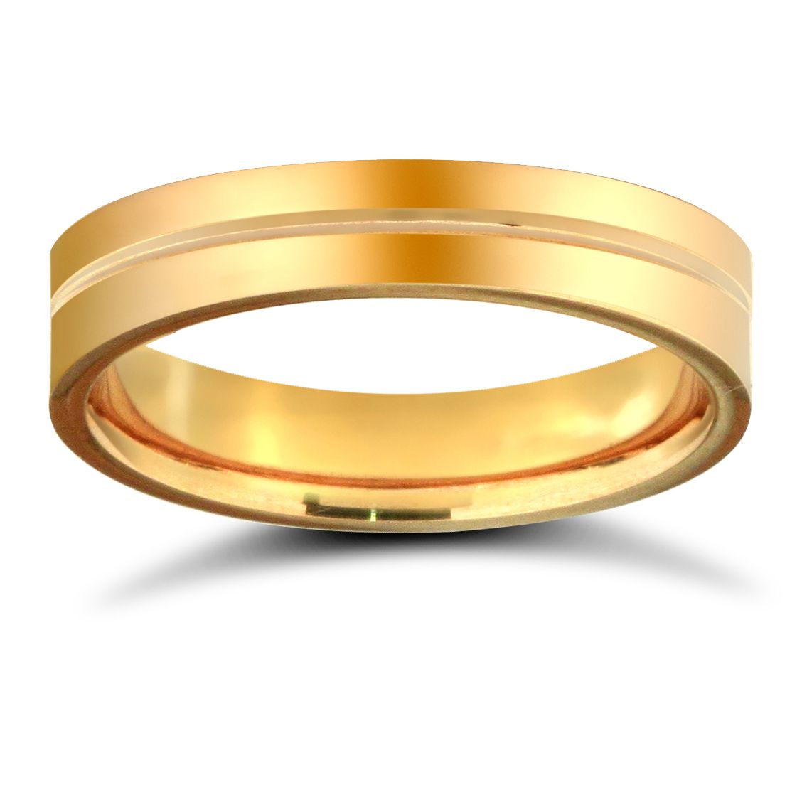 WPFC9Y4-05(F-Q) | 9ct Yellow Gold Premium Weight Flat Court Profile Centre Groove Wedding Ring