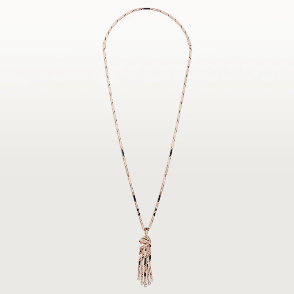 Cartier Panthère de Cartier Long Necklace Small Model Paved Onyx Emeralds Diamonds 18K Rose Gold