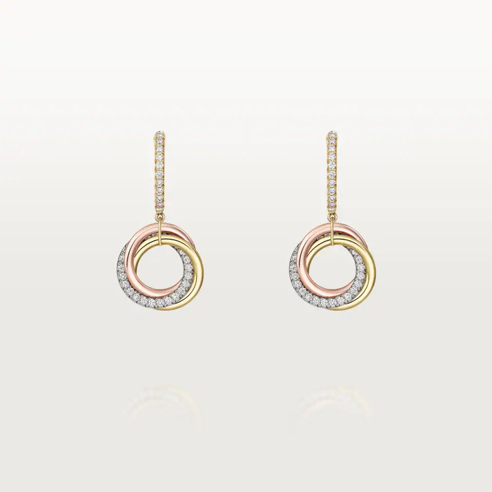 Cartier Trinity Earrings Half-Paved Diamonds 18K White, Yellow & Rose Gold