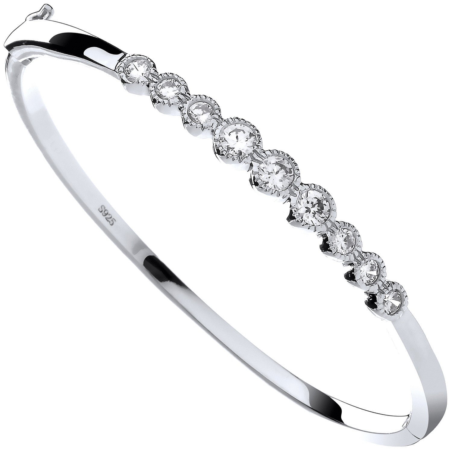 Silver Rubover Cz Ladies Hinged Bangle