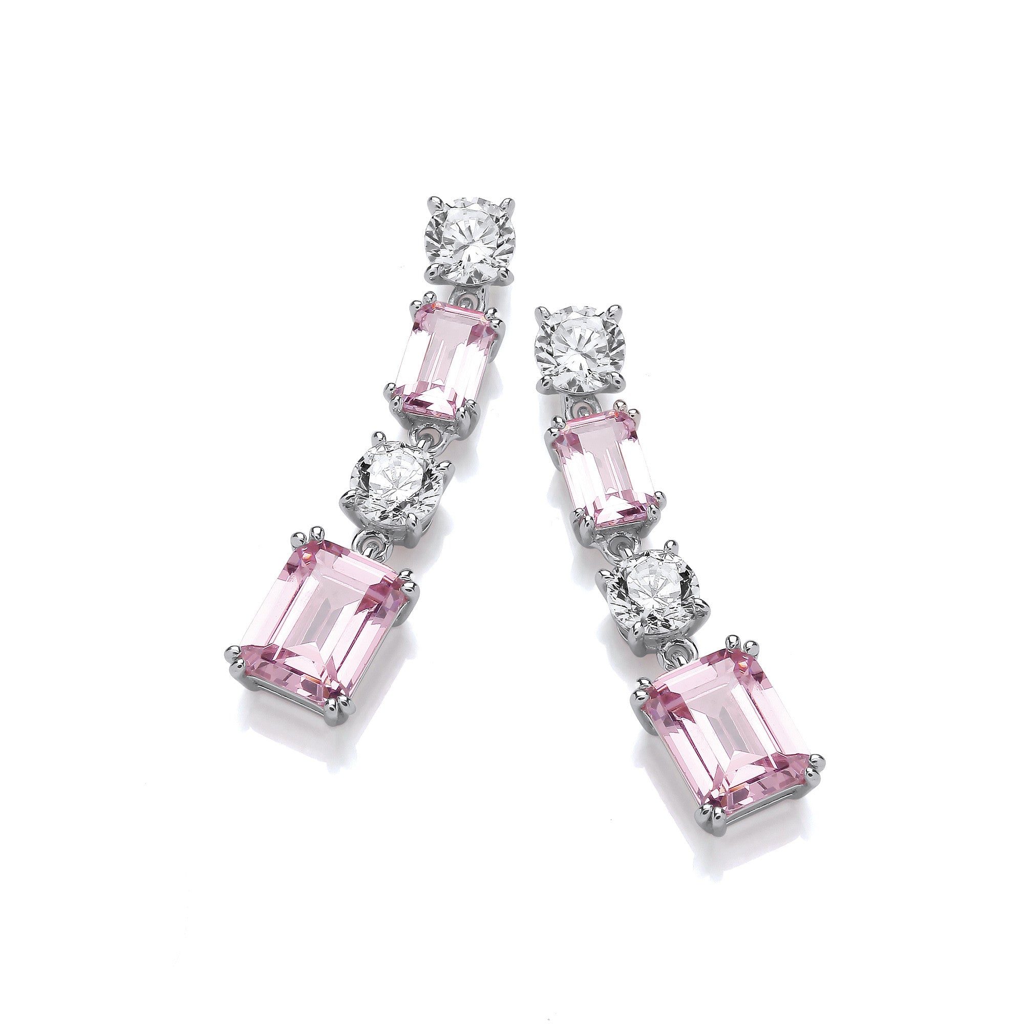 Pink & Clear CZs Silver Drop Earrings