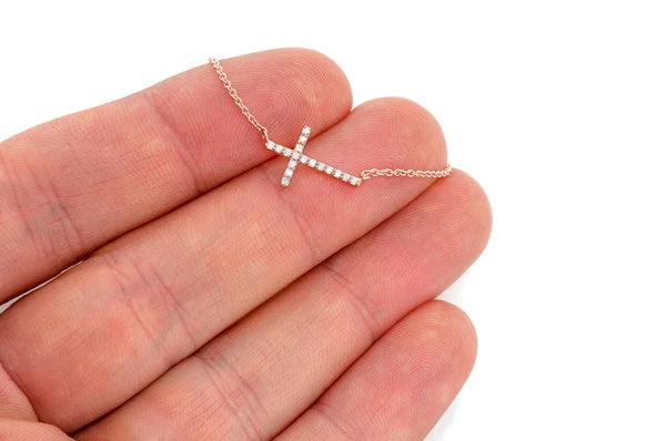 0.10ct Diamond Sideways Cross Connected Necklace 14K Solid Gold