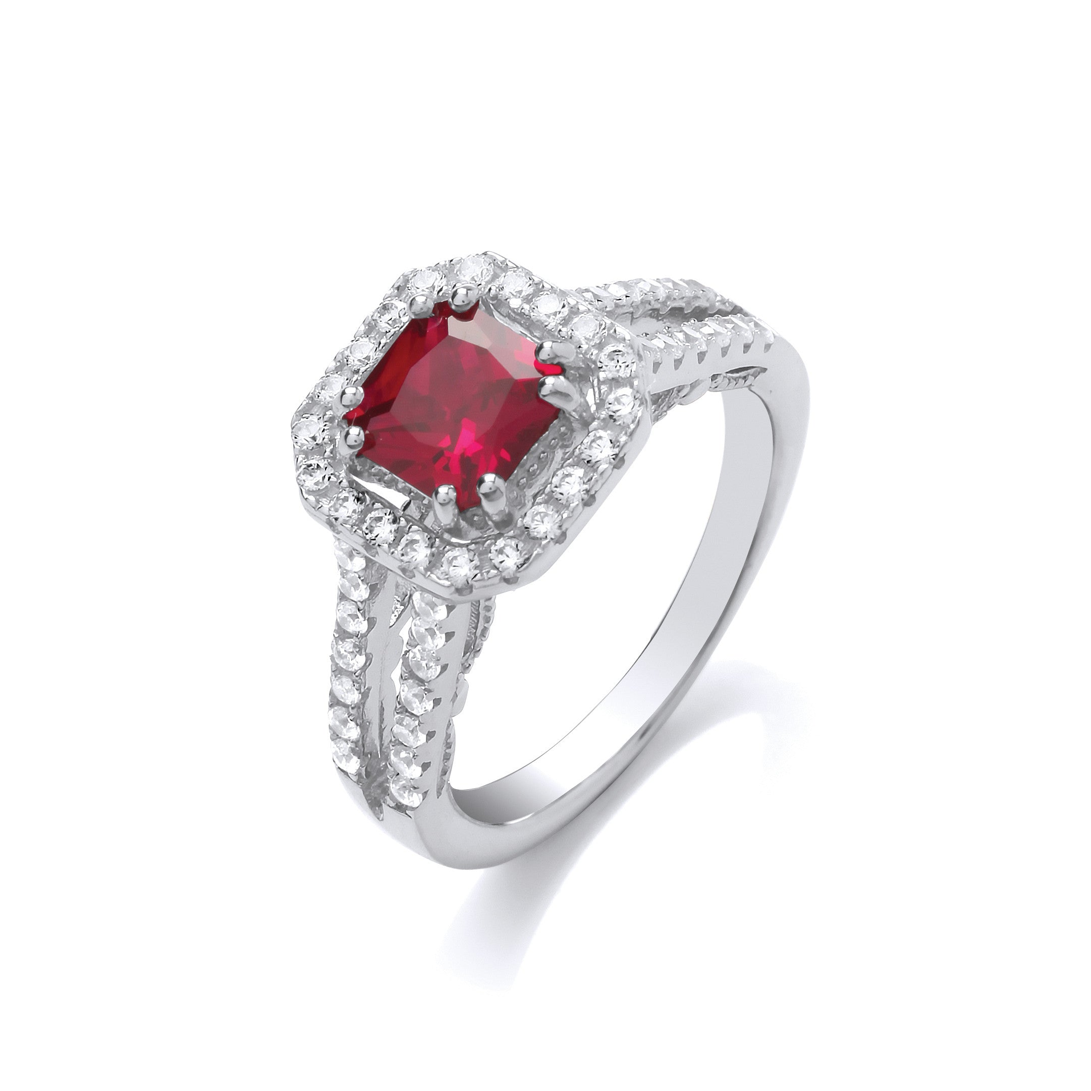 Red p/c Cz High Setting Split Shank Fancy Silver Ring