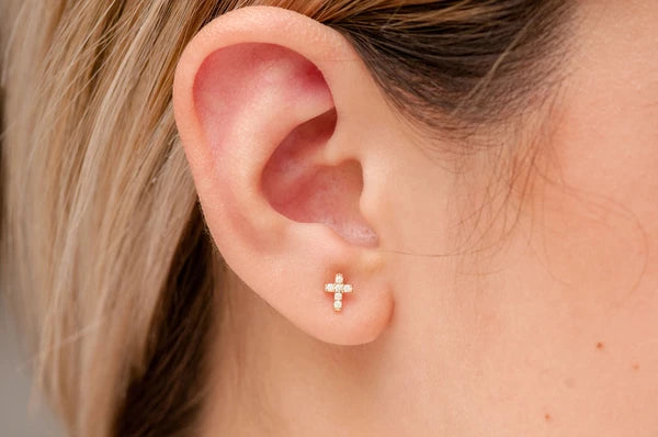 Erkals Jewellers Mini Cross Stud Earrings 18K Gold 0.10ctw