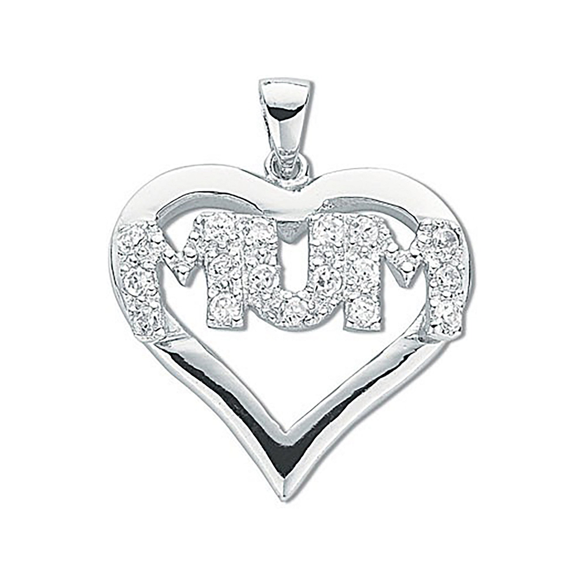 Silver Cz Heart Mum Pendant