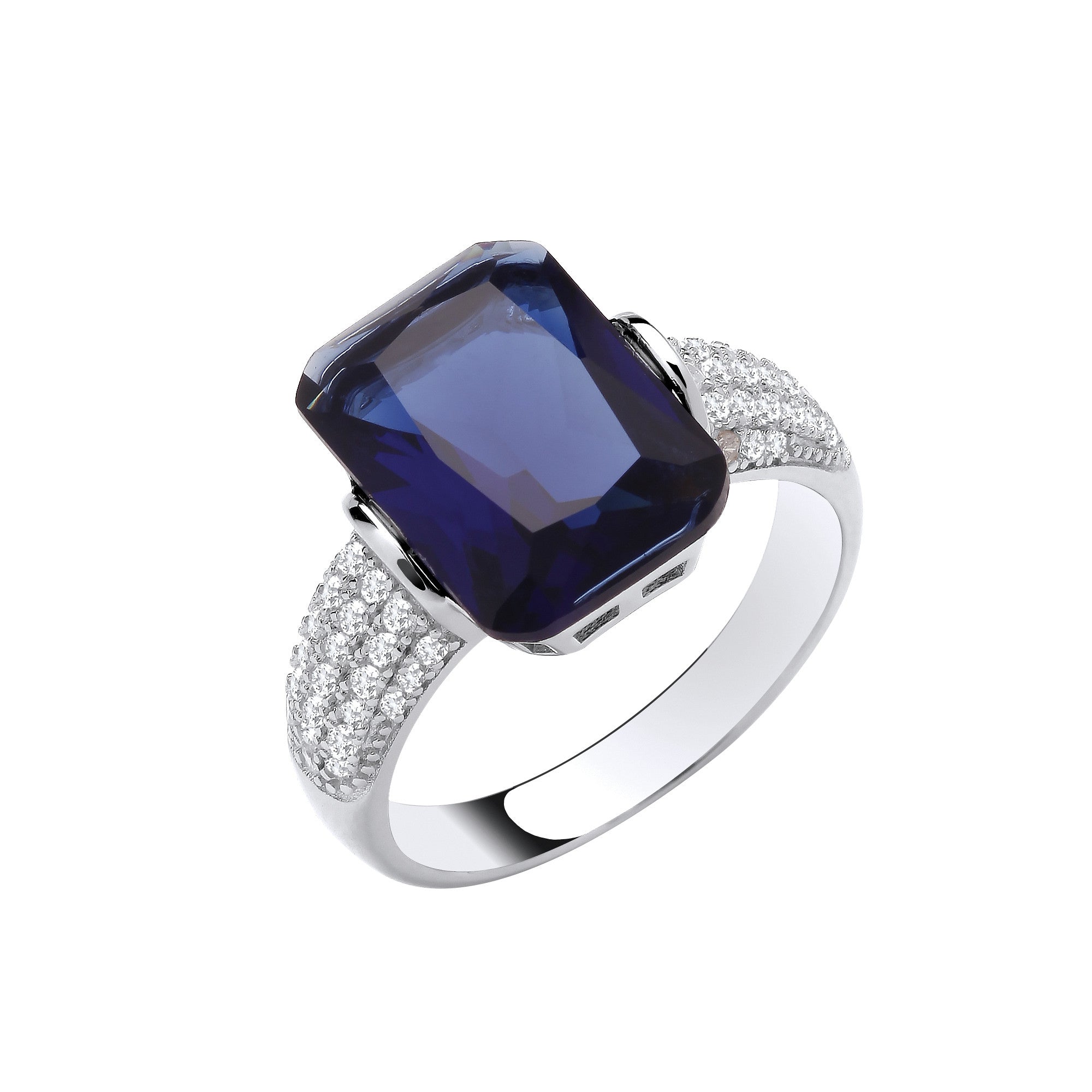 Silver Deep Blue Emerald Cut Cz Ring