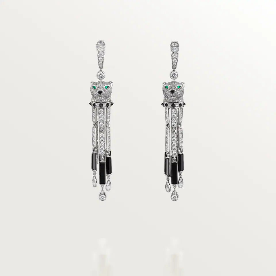 Cartier Panthère de Cartier Earrings Onyx Large Model Paved Emeralds Diamonds 18K White Gold