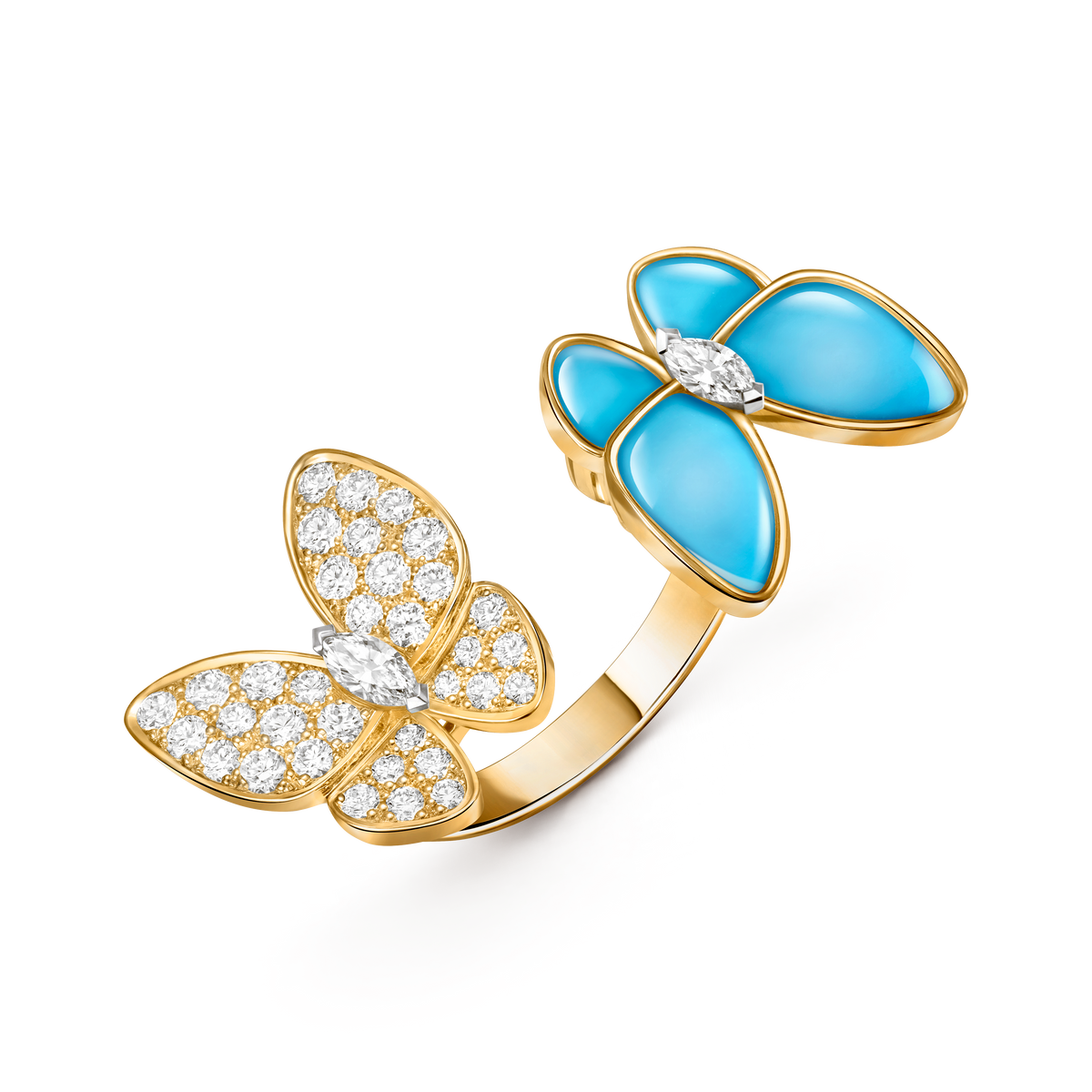 Van Cleef & Arpels Two Butterfly Turquoise Diamond Between the Finger Ring 18K Yellow & White Gold