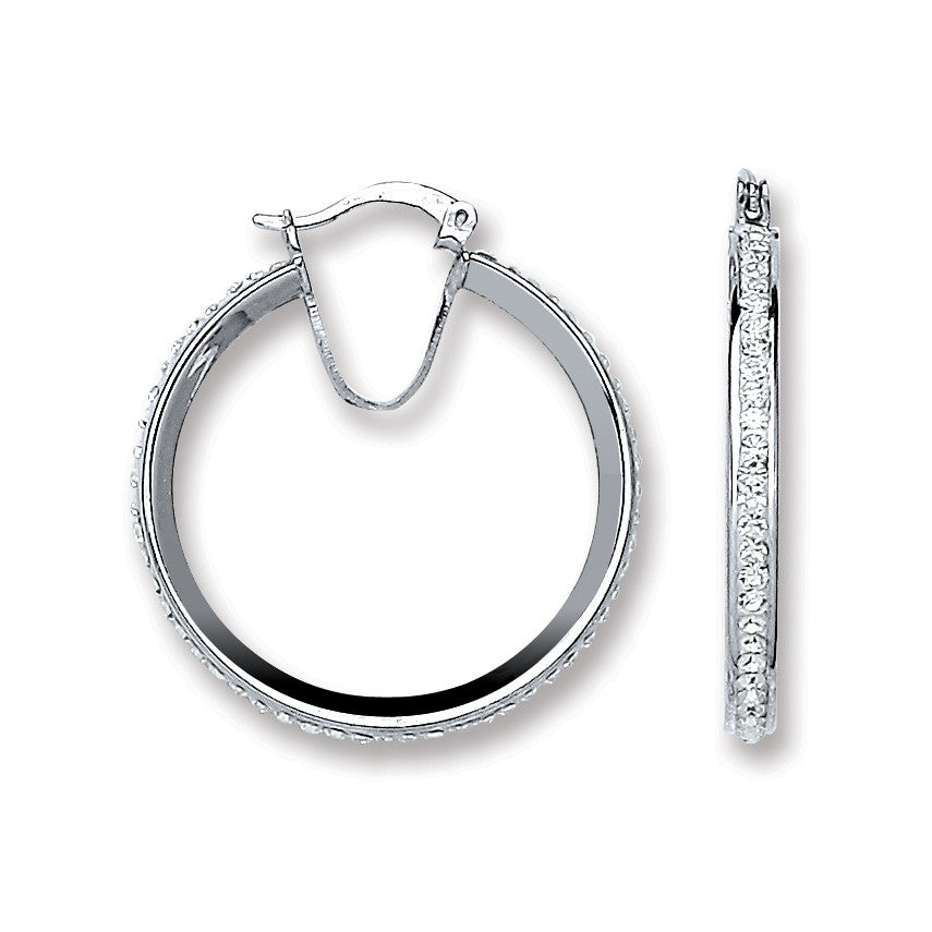 Silver Single Row Crystal Hoop Earrings