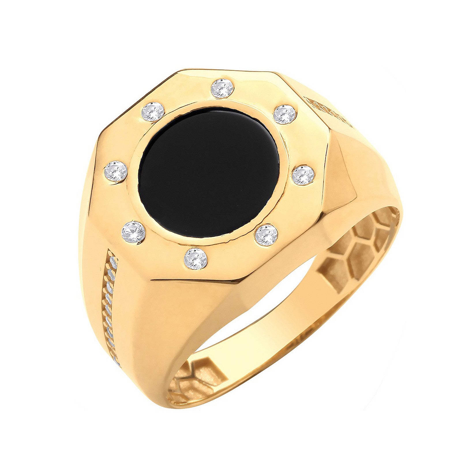 Y/G Octagon Shape with shoulder CZs Onyx Gents Ring