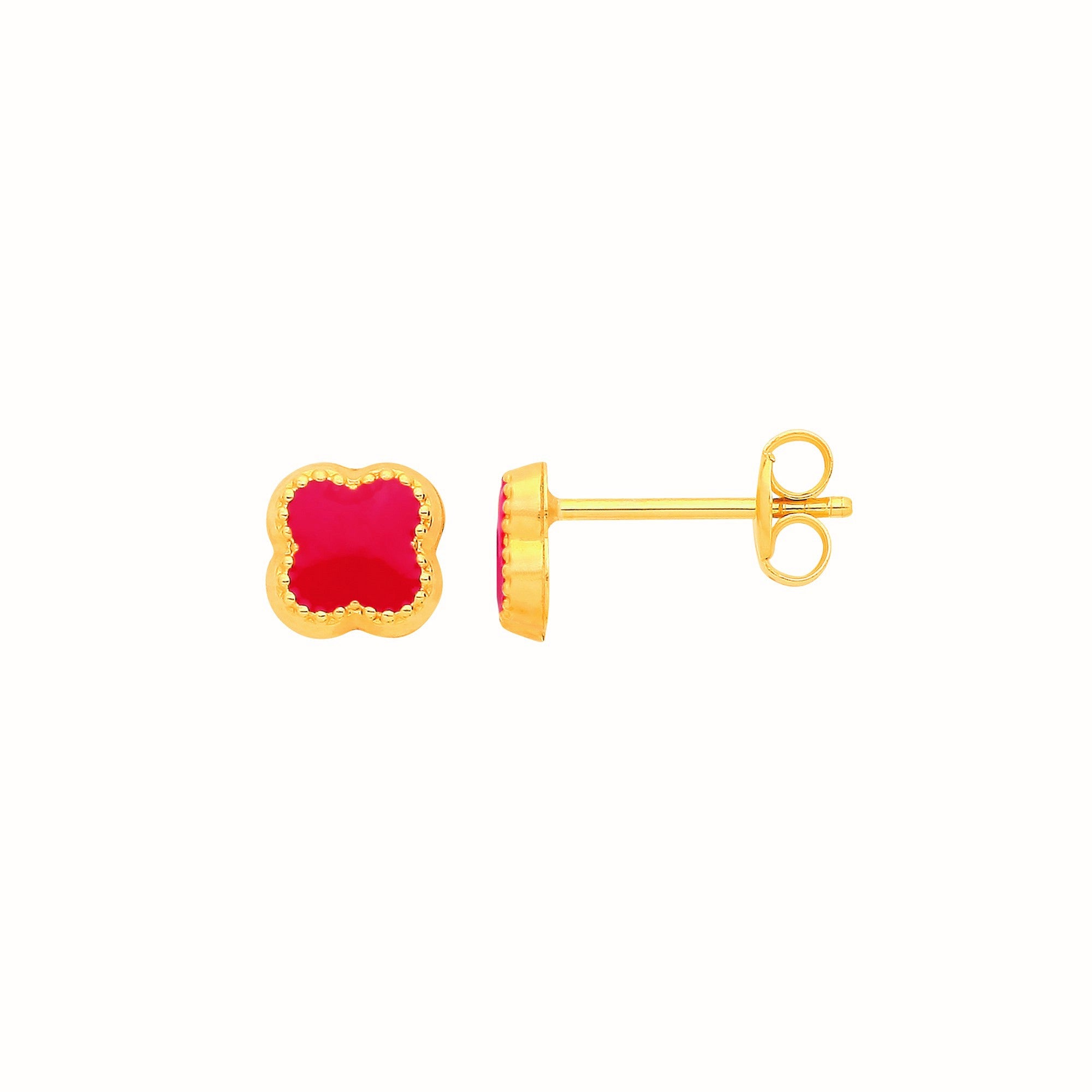 9ct Y/G Four Leaf Clover RED Enamel 5.5mm Stud