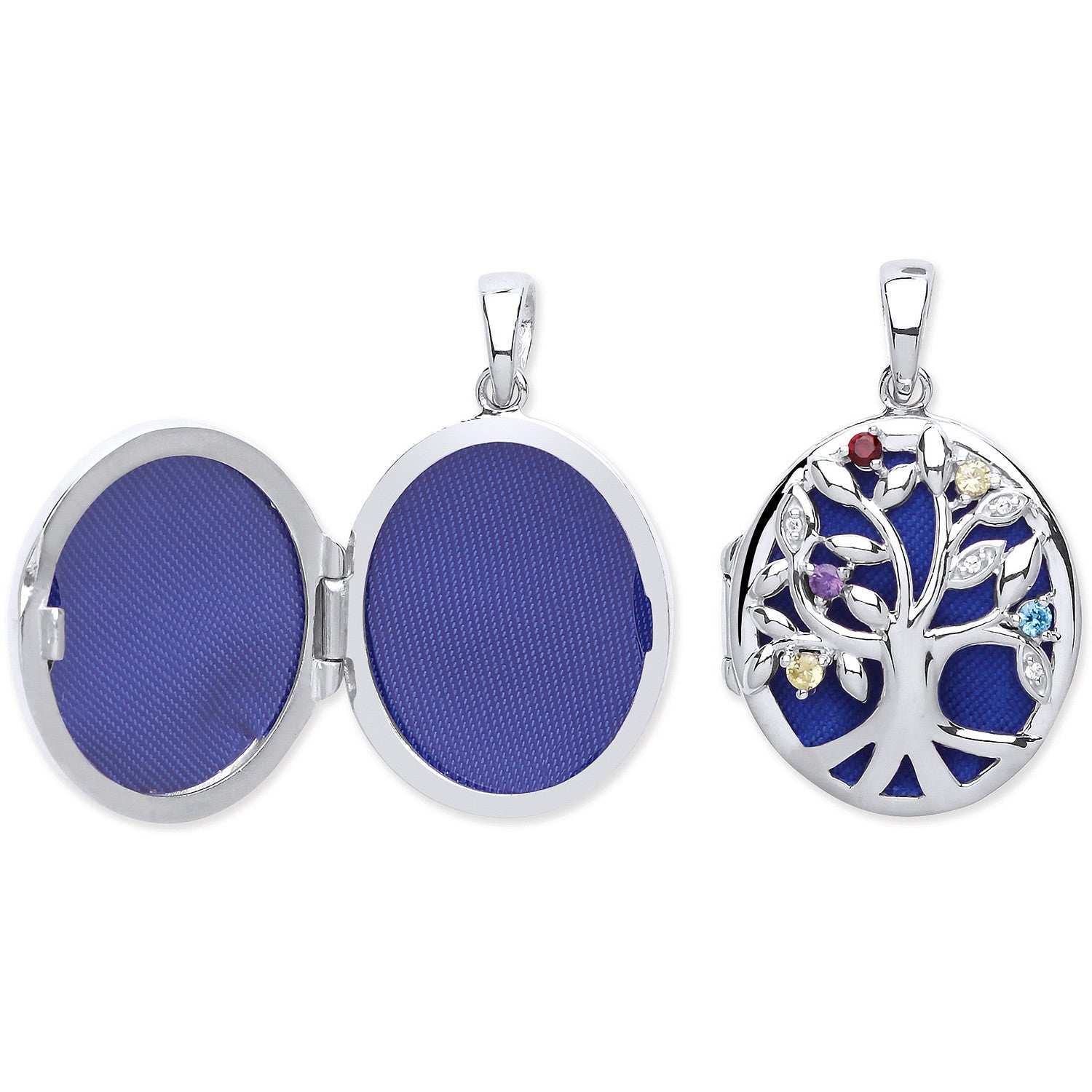 Silver Oval Tree of Life Locket with Multi Colour Cz's