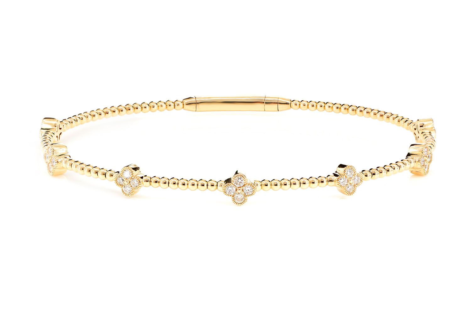 Erkals Jewellers Beaded Milgrain Diamond Clover Flex Bangle Bracelet 18K Gold 0.45ctw