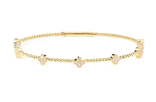 Erkals Jewellers Beaded Milgrain Diamond Clover Flex Bangle Bracelet 18K Gold 0.45ctw