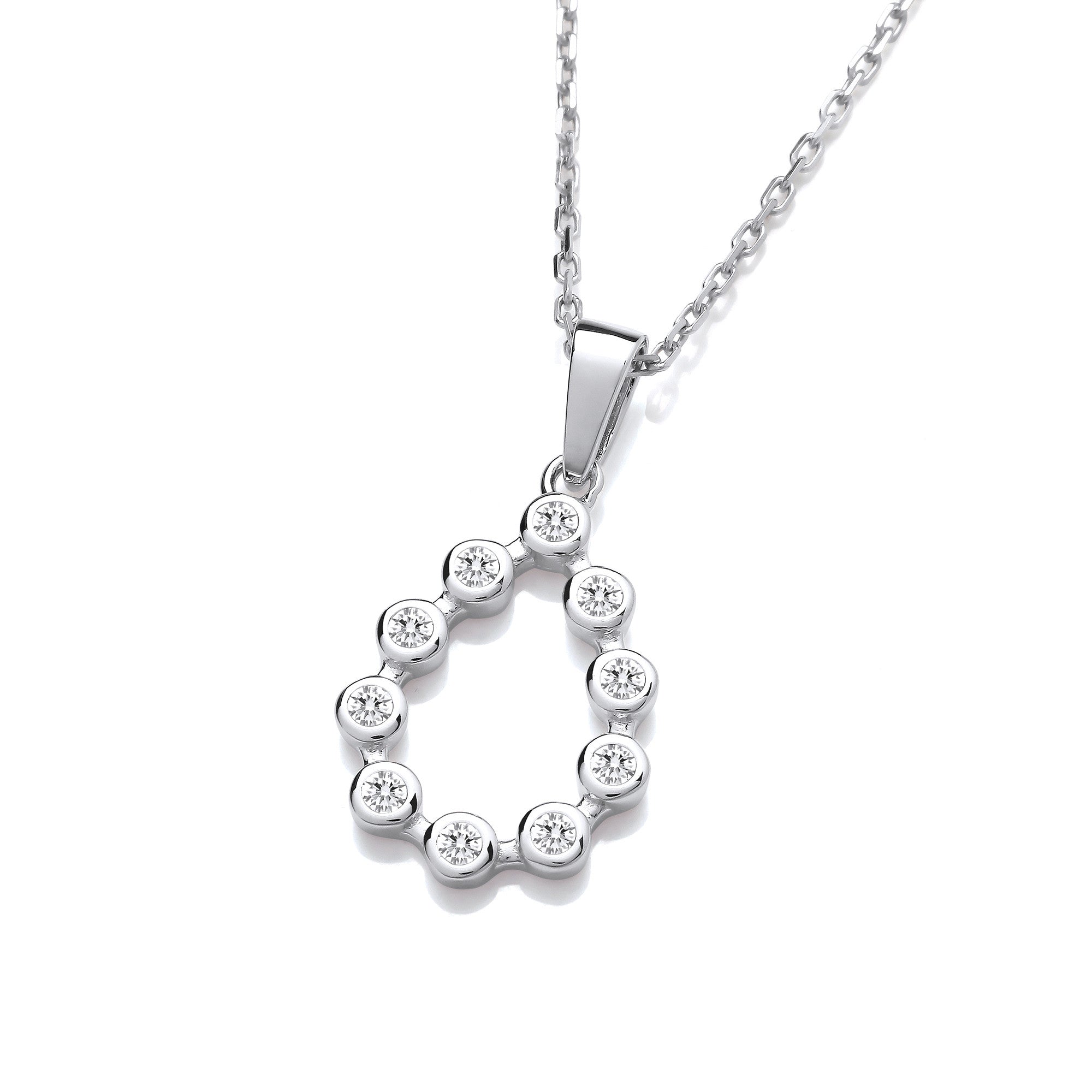 Silver Rubover Tear Drop CZ Pendant with Chain