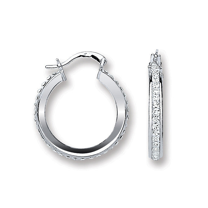 Silver Single Row Crystal Hoop Earrings