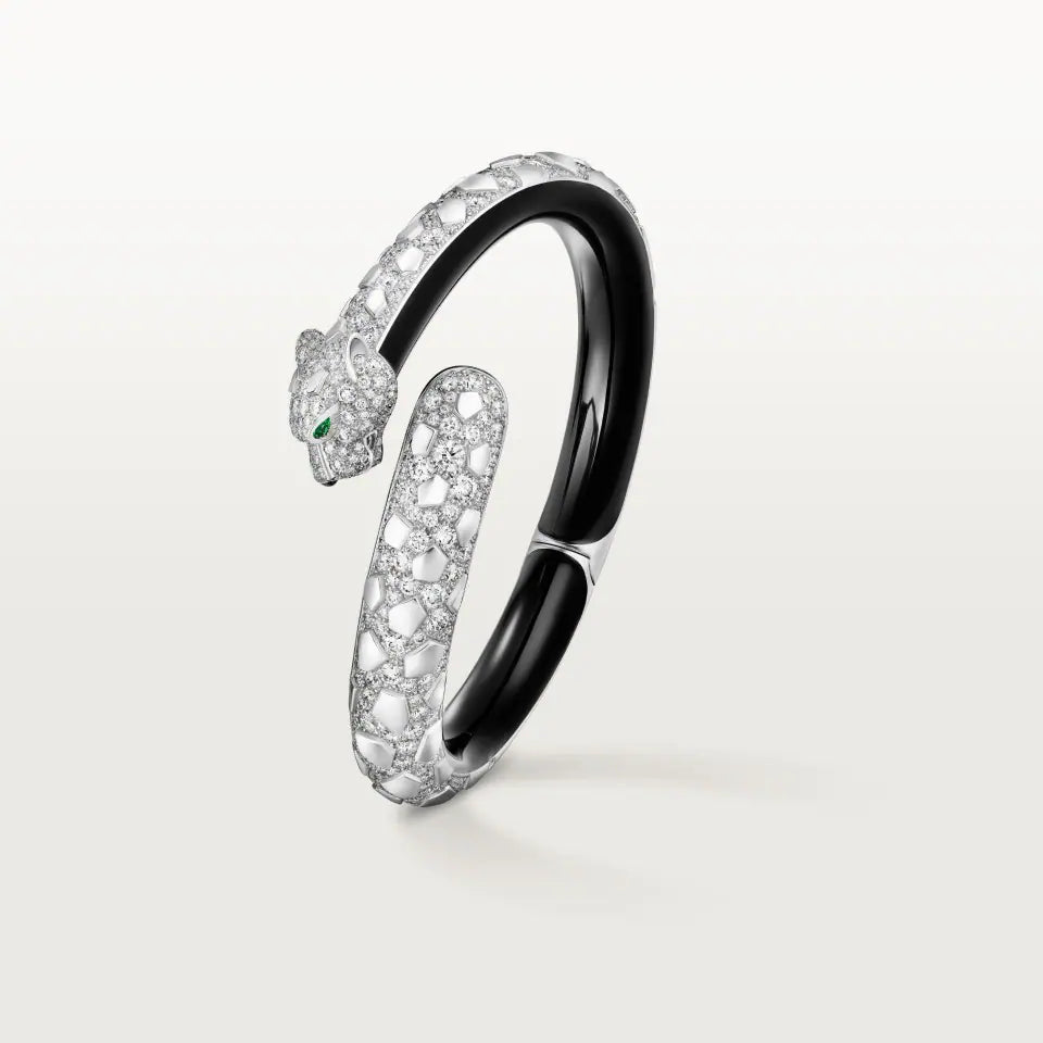 Cartier Panthère de Cartier Bracelet Black Lacquer Paved Onyx Emeralds Diamonds 18K White Gold