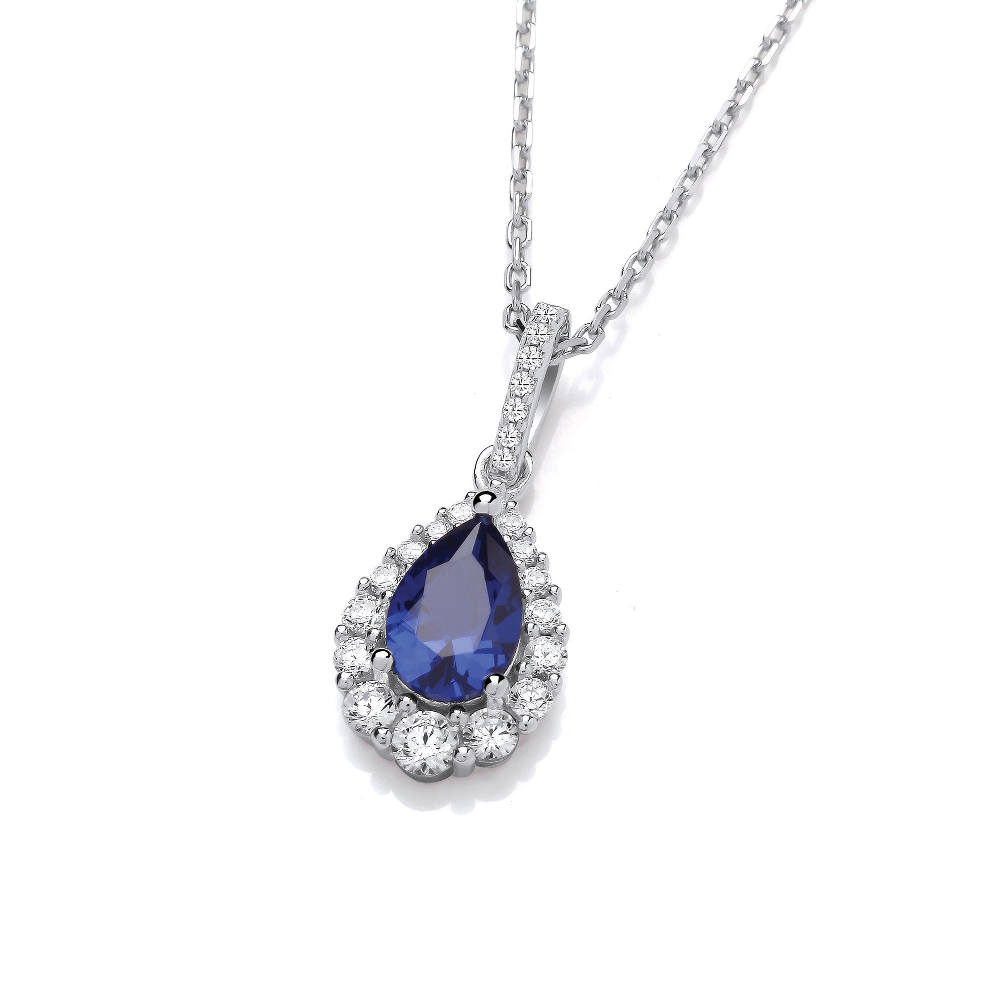 Blue Tear Drop CZ Silver Pendant with Chain