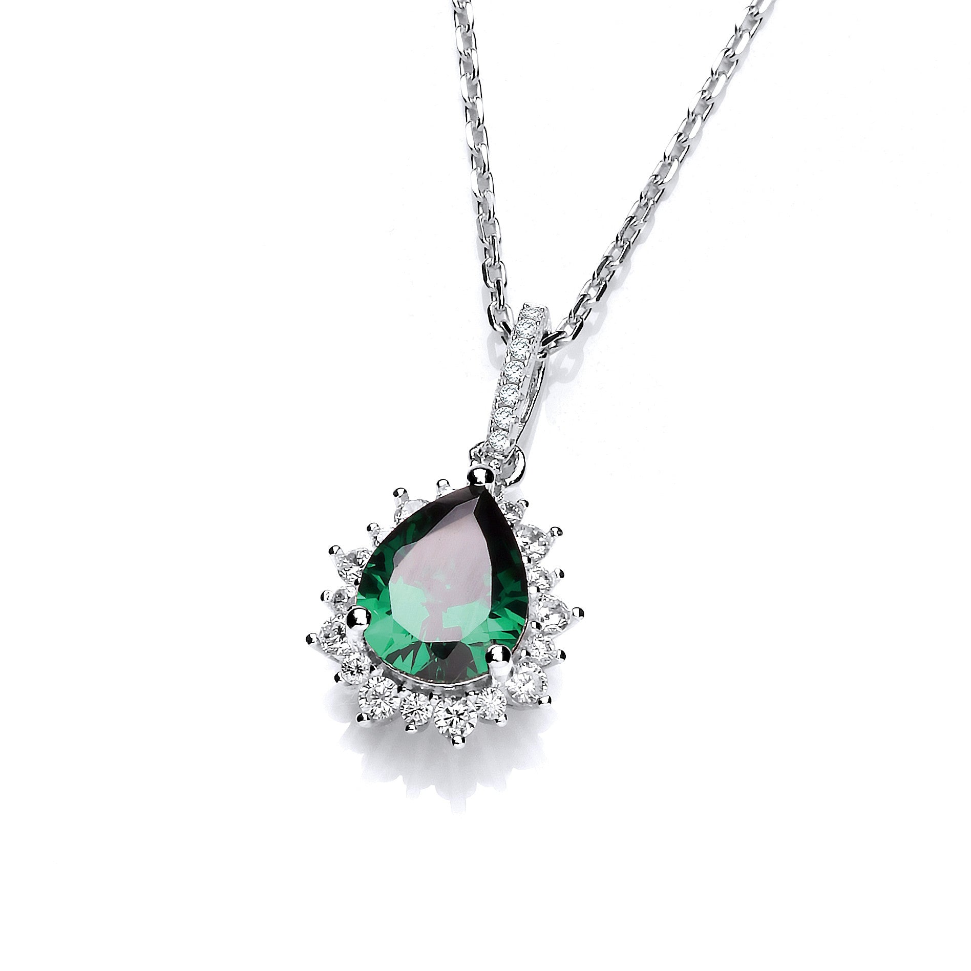 Silver Green Tear Drop Cz Pendant with 18" Chain