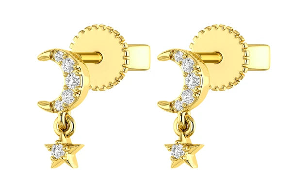 Erkals Jewellers Moon & Star Dangle Stud Earrings 18K Gold 0.05ctw