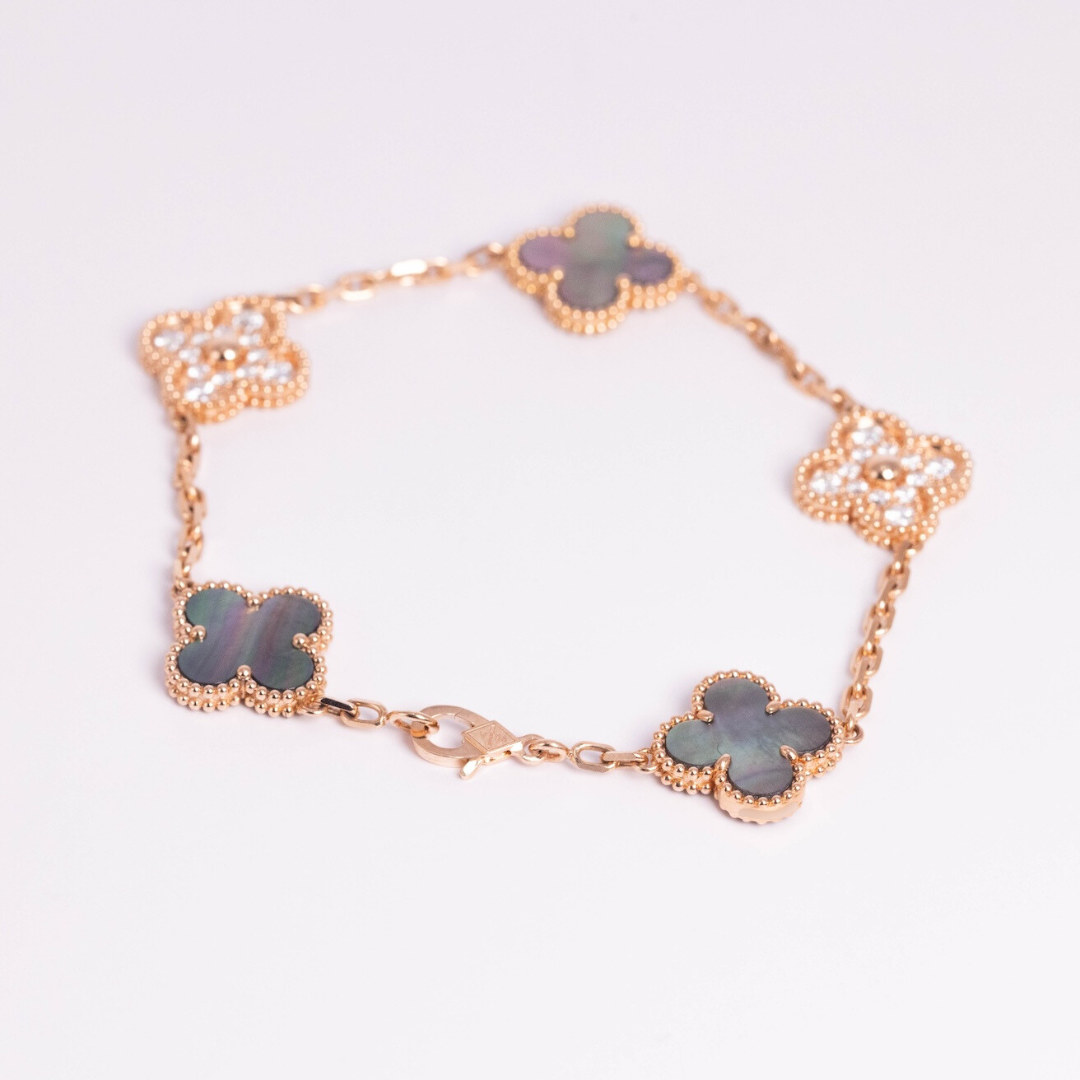 Van Cleef & Arpels Vintage Alhambra Bracelet 5 Motifs Diamond Mother-Of-Pearl 18K Rose Gold
