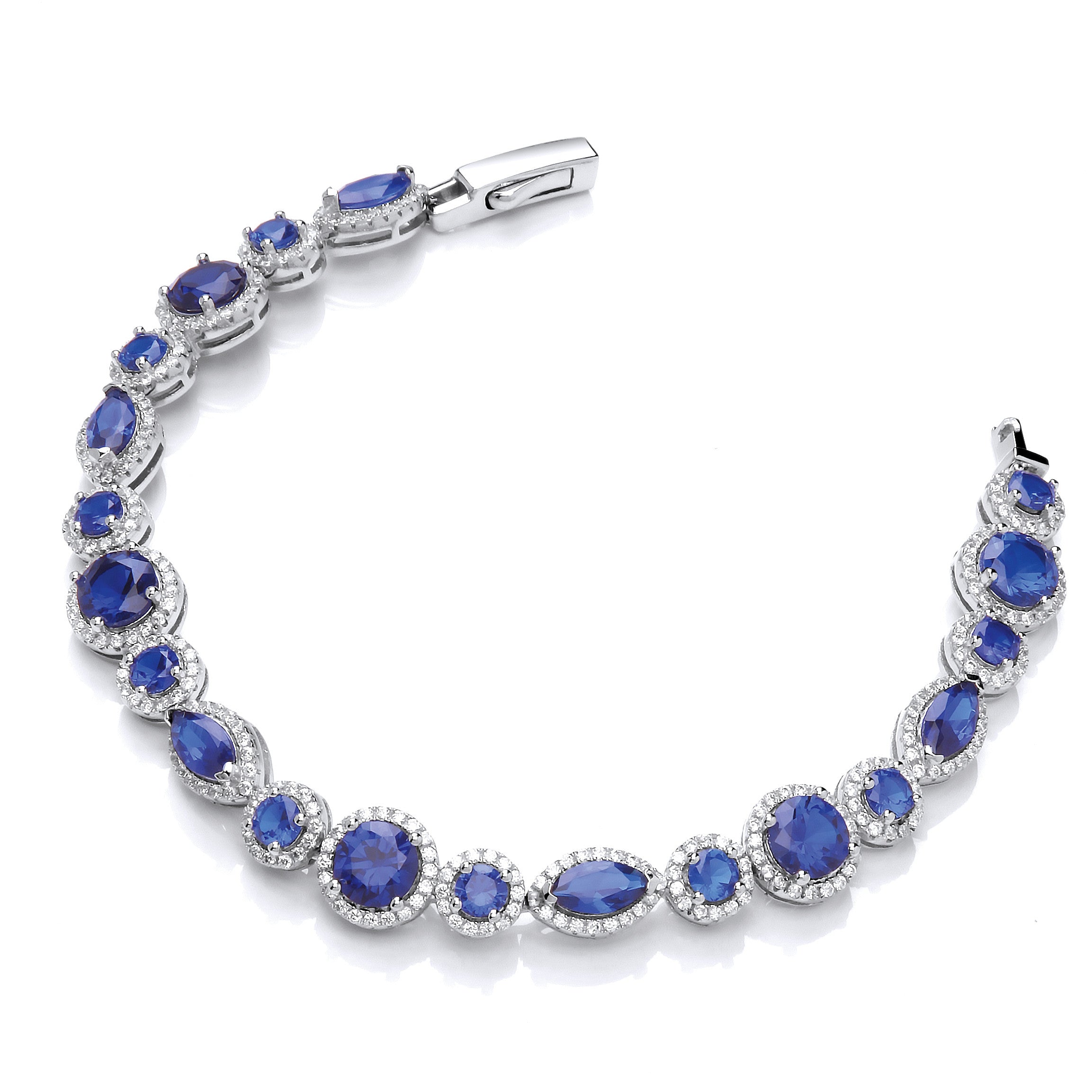 Marquise & Rounds Sapphire Blue Cz's in Halo with Clear Cz Tennis Silver Bracelet