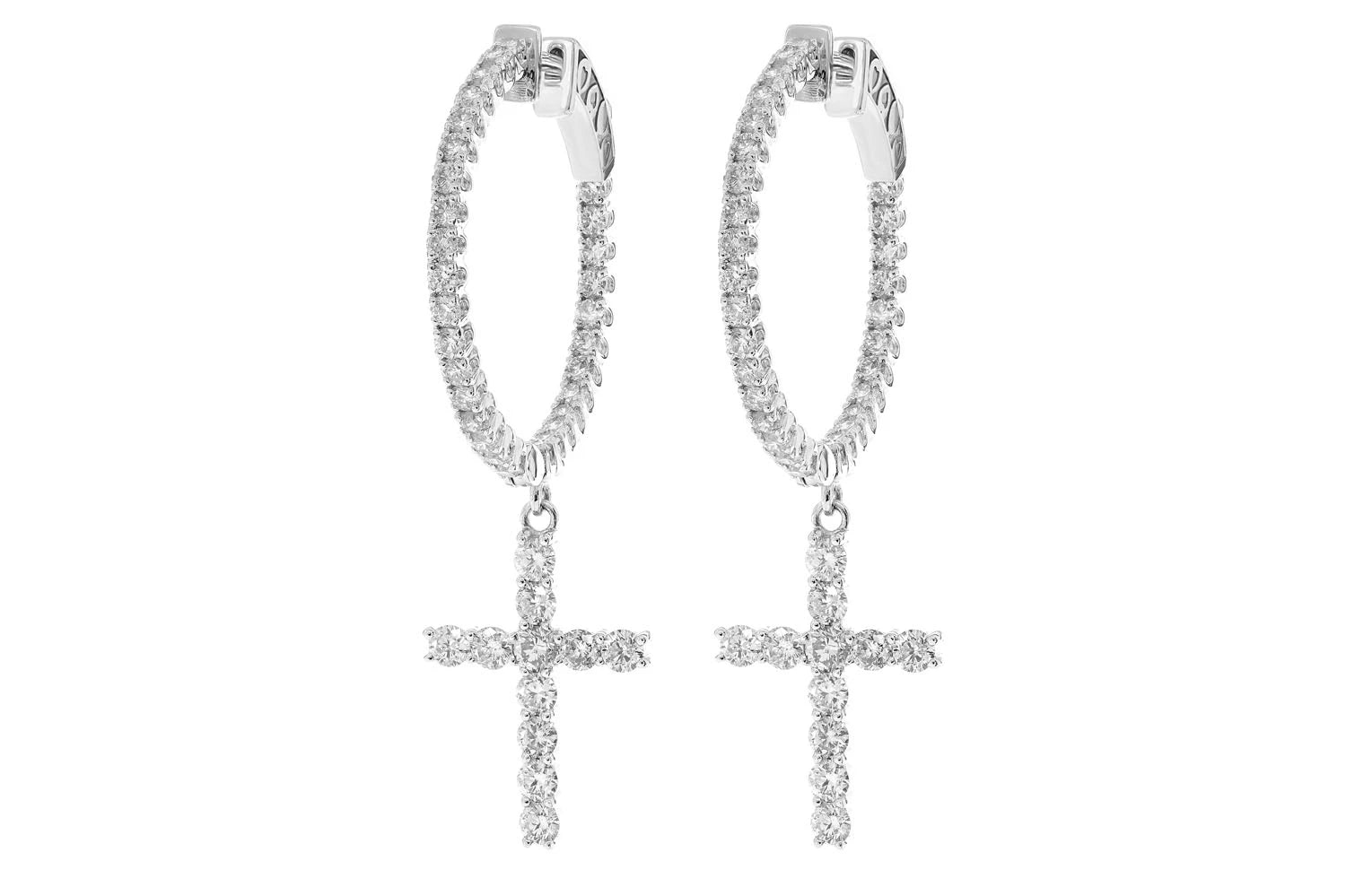 Erkals Jewellers Cross Dangling Diamond Hoop Earrings 18K Gold 2.70ctw