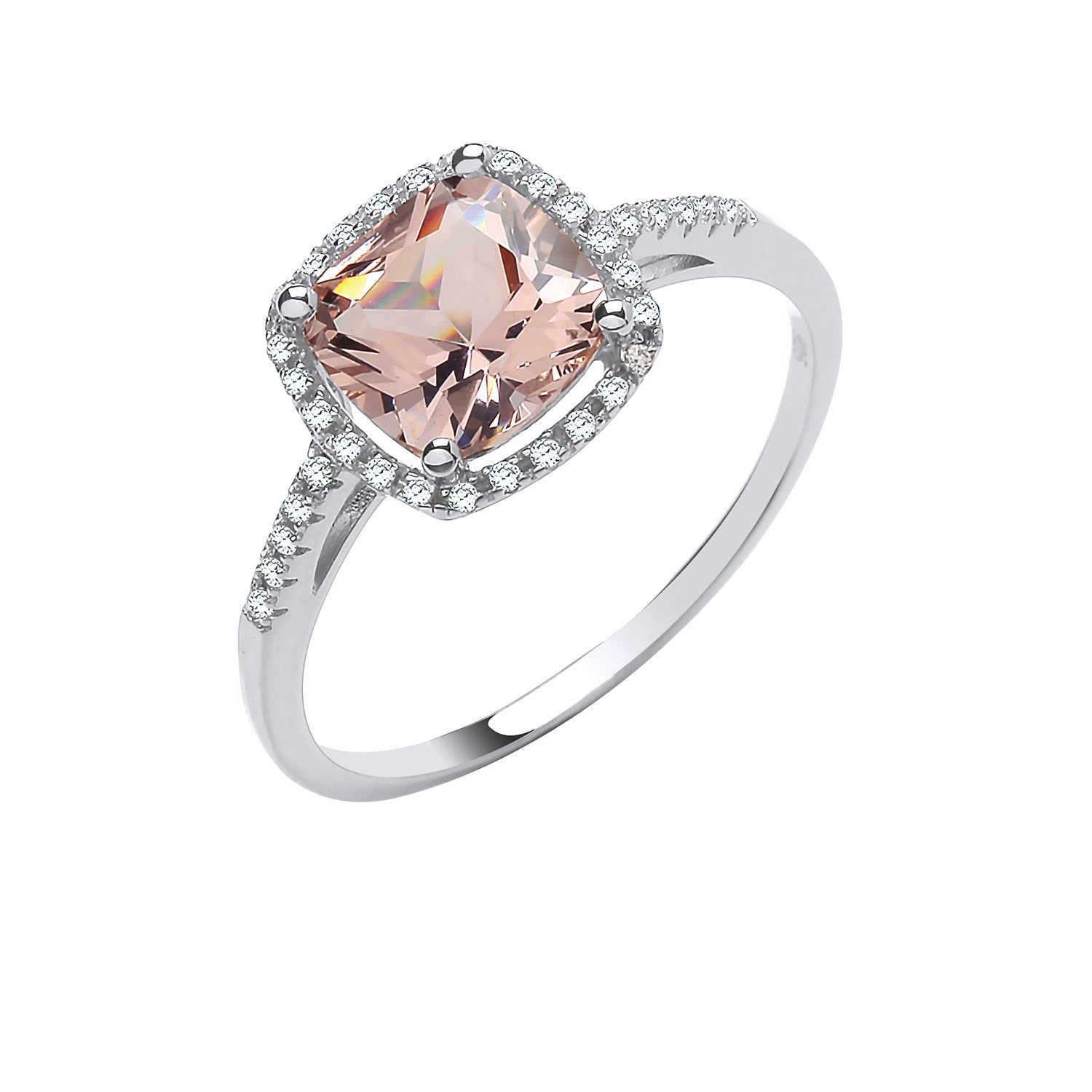 Silver Cushion Cut  Synthetic Morganite & Cz Halo Ring