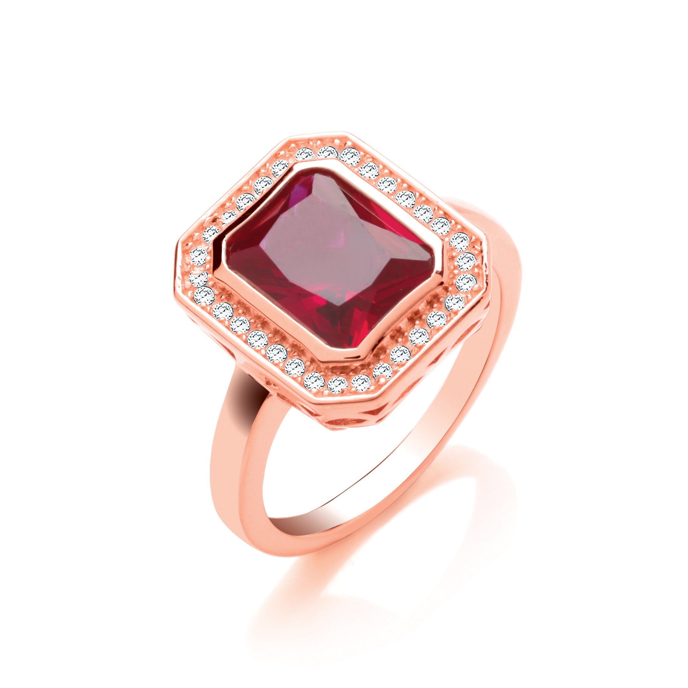 Red Corundum Emerald Cut RG Plated Silver Ring