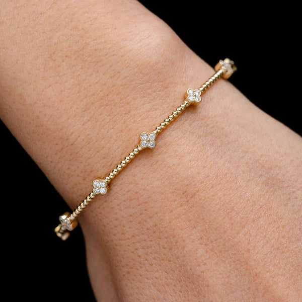 Erkals Jewellers Beaded Milgrain Diamond Clover Flex Bangle Bracelet 18K Gold 0.45ctw