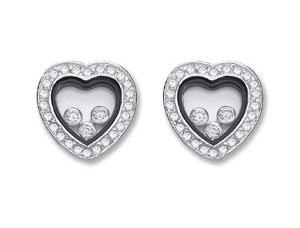 Silver Floating Cz Heart Stud Earrings