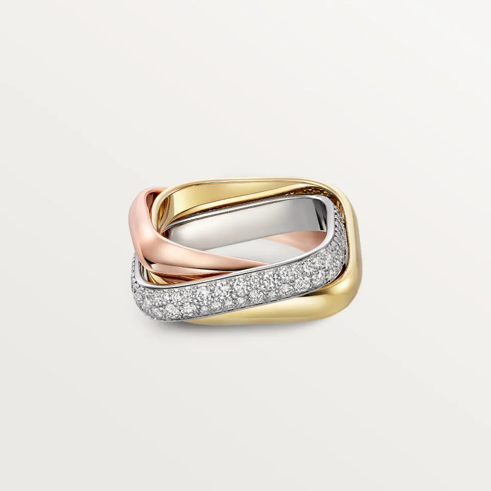 Cartier Trinity Ring Cushion-Shaped Medium Model Half-Paved Diamonds 18K White, Yellow & Rose Gold